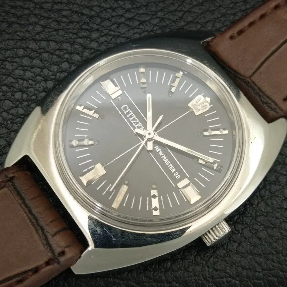 Vintage 1973 Citizen Manual Wound Mens Silver Watch & Black accents